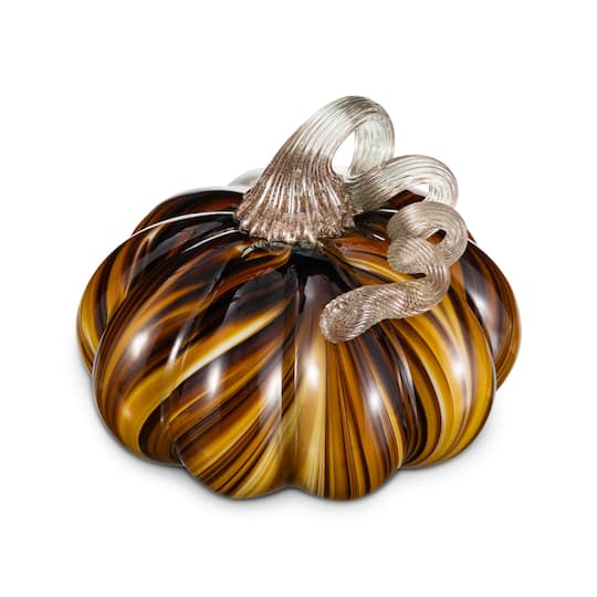 Glitzhome® 5.75" Multi Brown Striped Glass Pumpkin Fall Table Decor